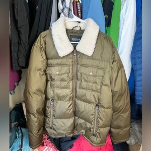 Guess Olive Green Puffer Jacket with Sherpa Collar